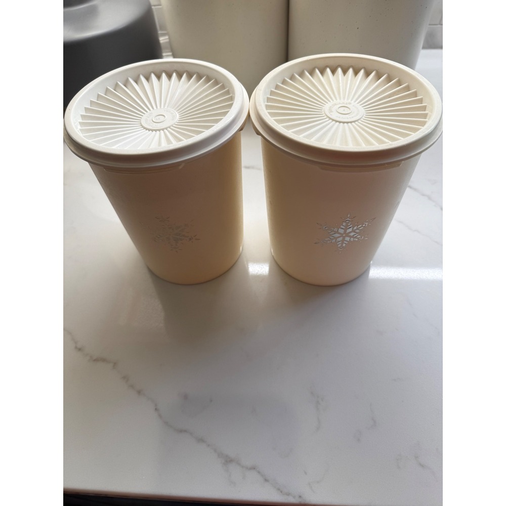 Vintage Tupperware Servalier Canisters Set of‎ 2 Snowflake Off-White Containers